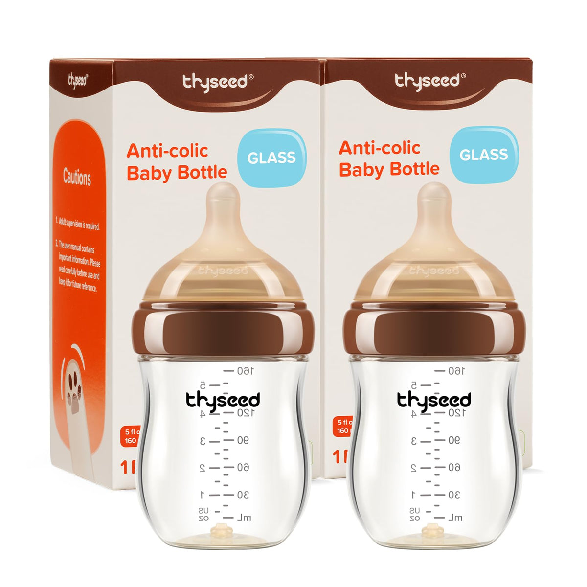 Thyseed Anti-Colic Glass Baby Bottle for Breastfed Infants, Natural Feeding, Breast-Like Newborn Medium Fast Flow Nipple (3m+), 8 oz, 1 Pack