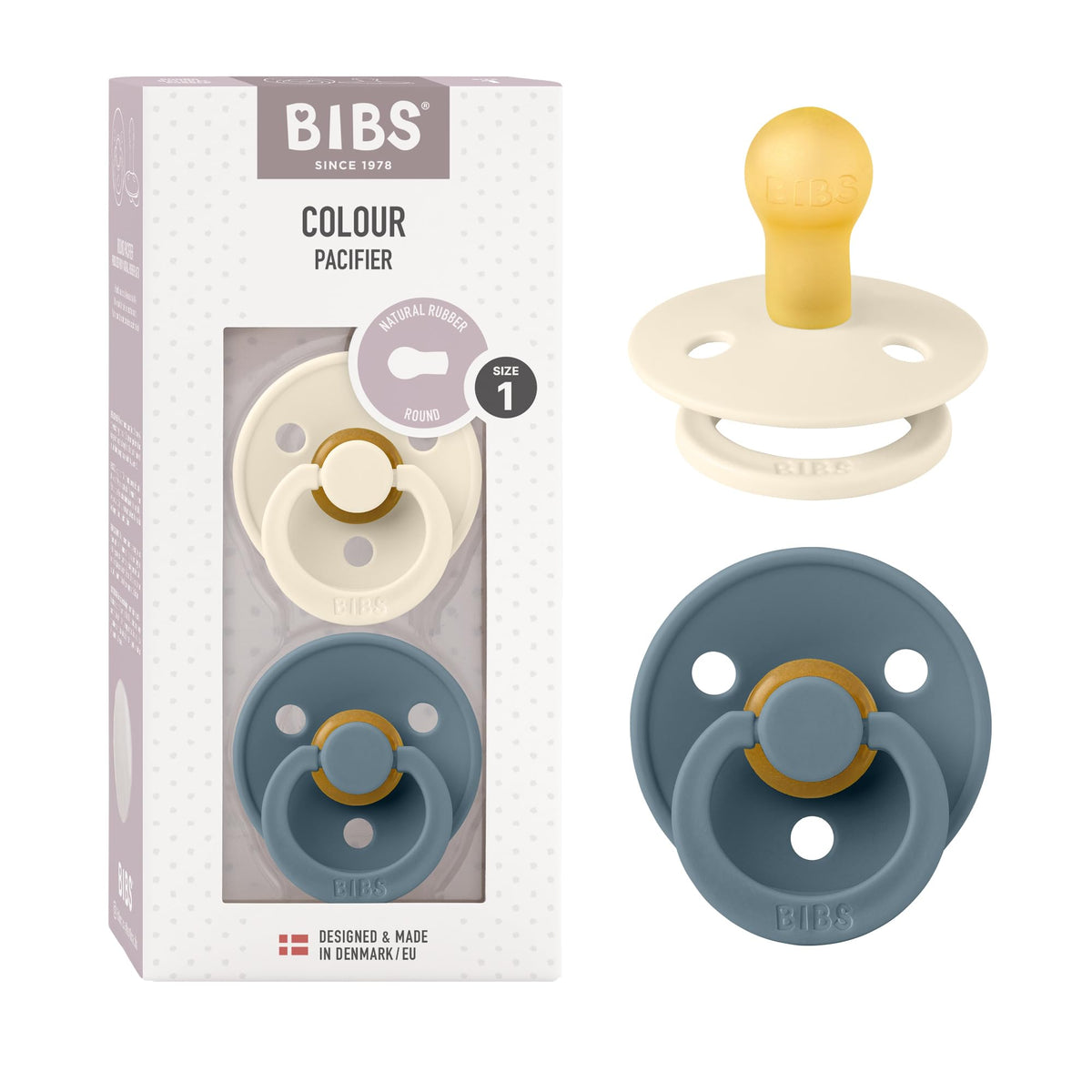 BIBS Pacifiers Colour Collection | Natural Rubber Baby Pacifier | Round Nipple | Set of 2 BPA-Free Soothers | Made in Denmark | 0+ Months (Pack of 2) | Sage/Ivory