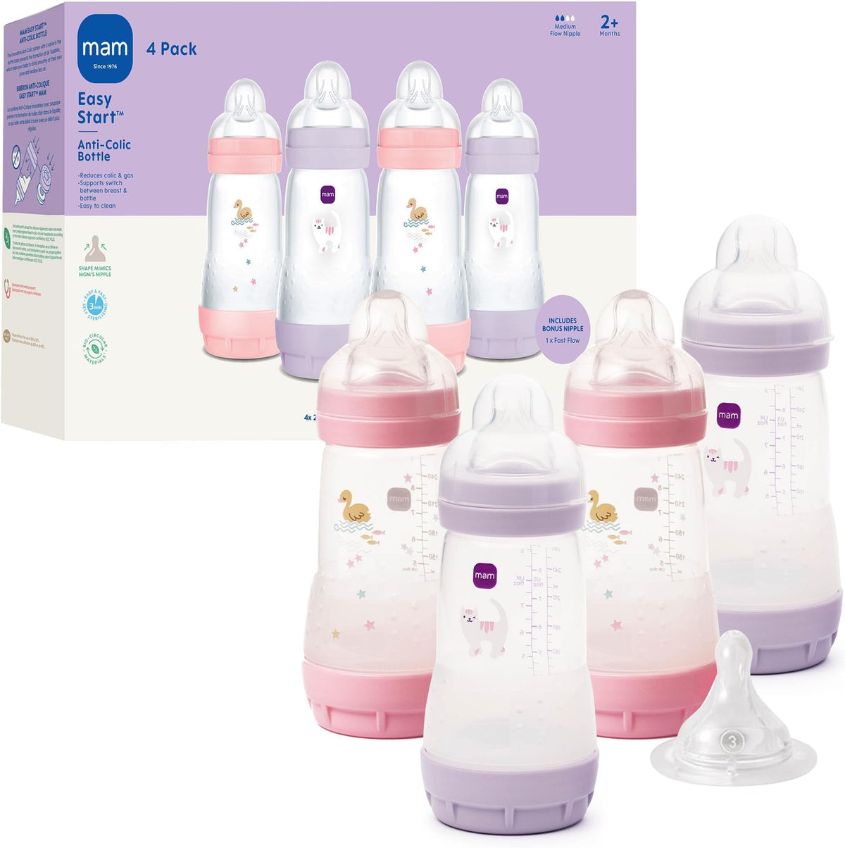MAM 9oz Easy Start Anti-Colic+ Vented Baby Bottles, 2+ Months, 4 Pack, Girl