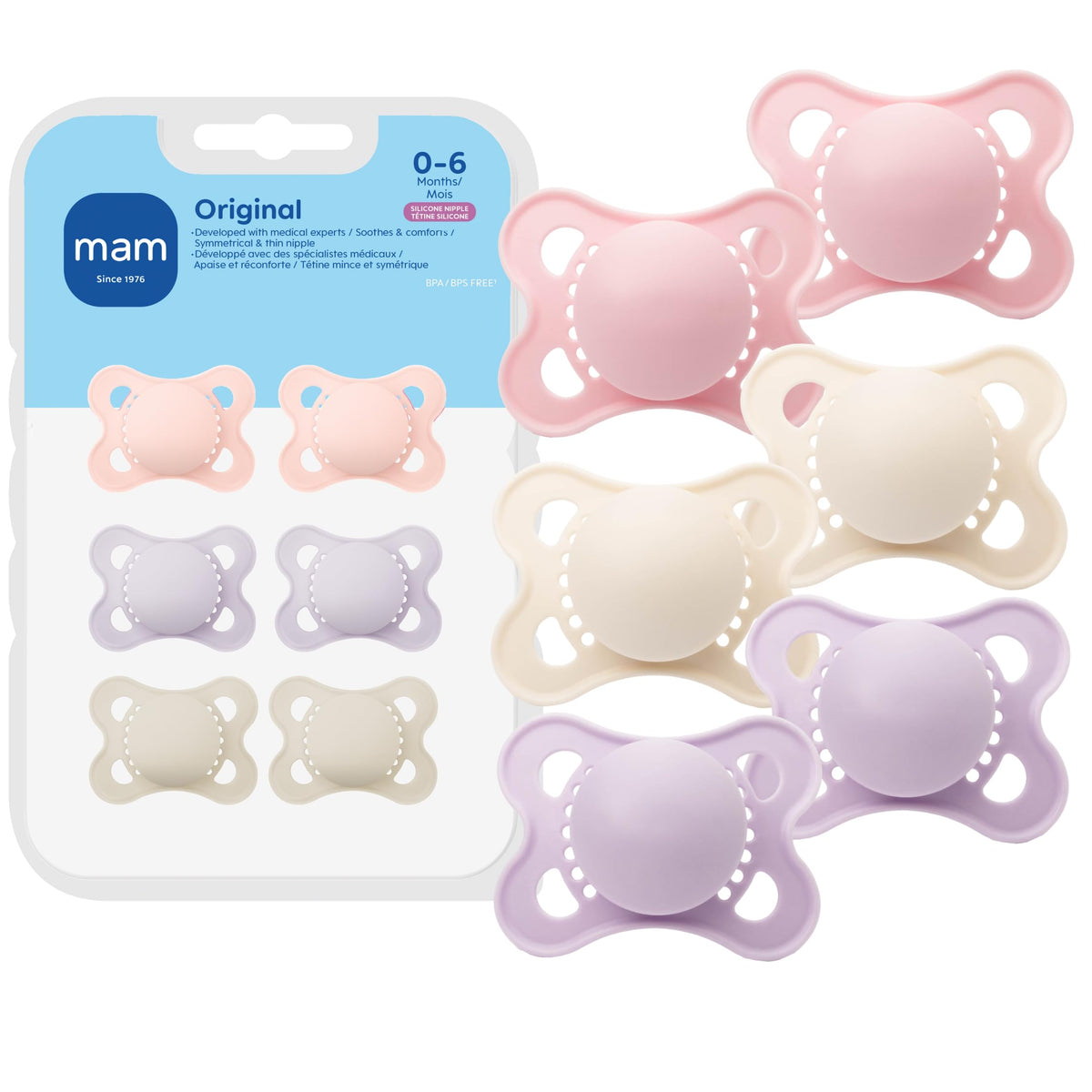 MAM Original Baby Pacifier 0-6 Mths, Skin Soft Silicone Nipple, 4 Pack