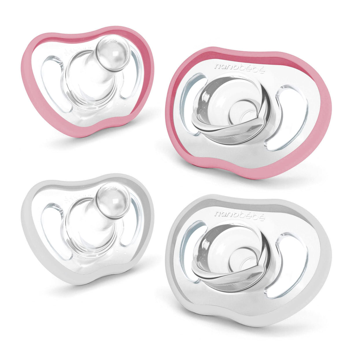 Nanobebe Baby Pacifiers 0-3 Month - Orthodontic, Curves Comfortably with Face Contour, Award Winning for Breastfeeding Babies, 100% Silicone, Baby Registry Gift 4pk,Pink/Grey