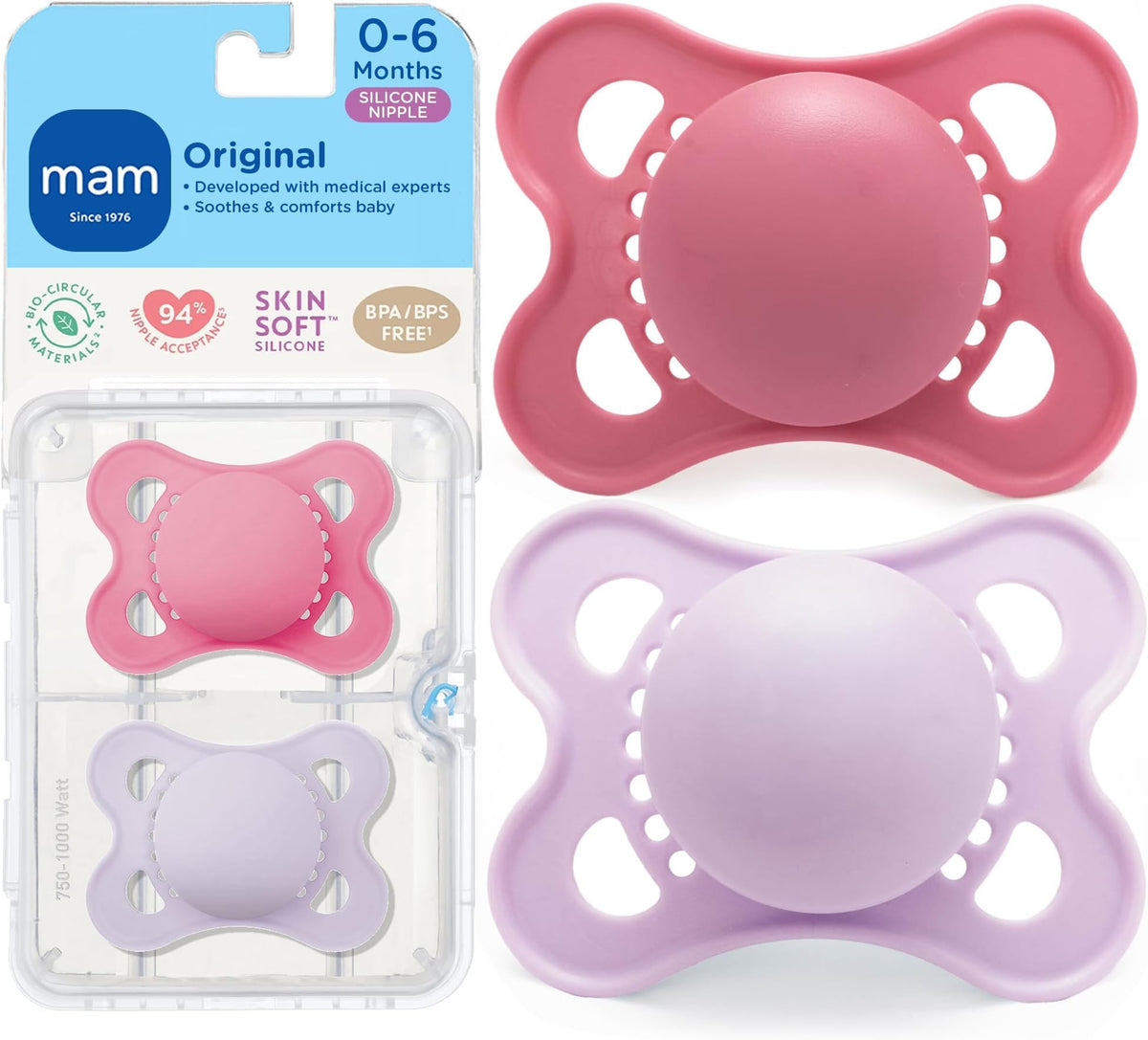 MAM Original Baby Pacifier 0-6 Mths, Skin Soft Silicone Nipple, 4 Pack