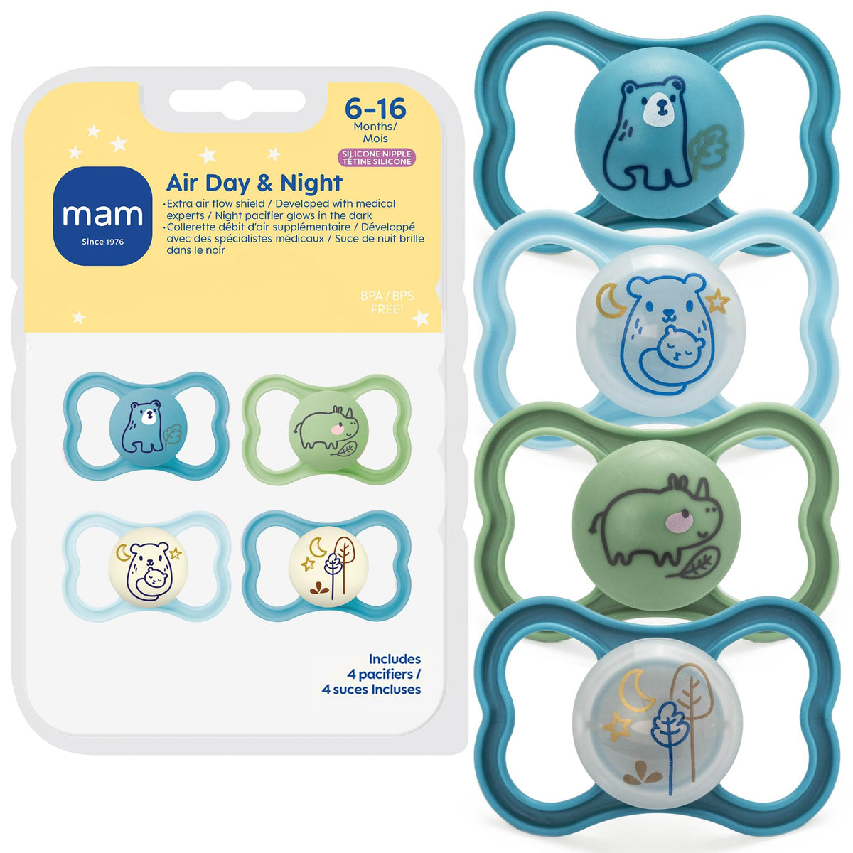 MAM Air Pacifier 6-16 Months, Extra Air Flow for Sensitive Skin, 4 Pack