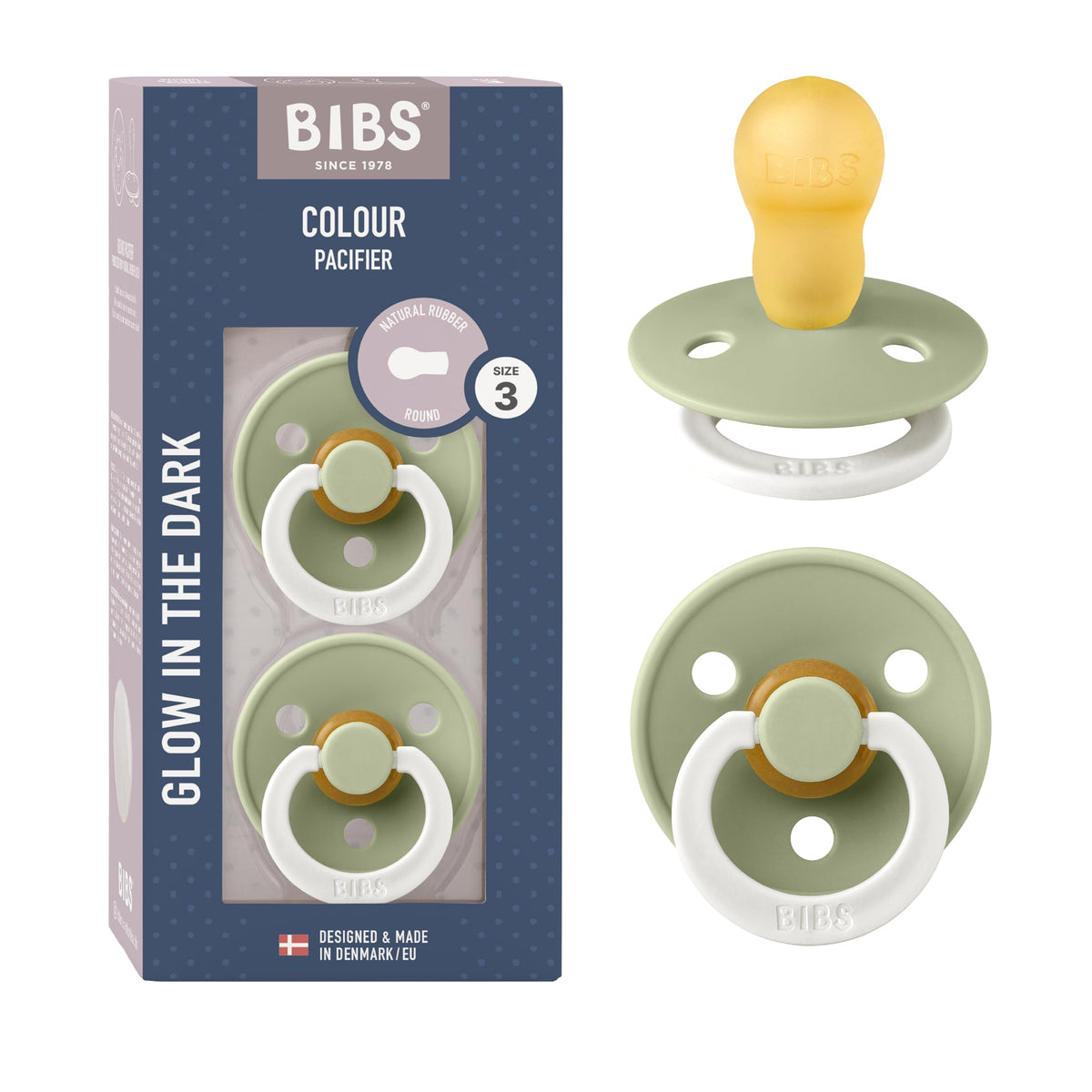 BIBS Pacifiers Colour Collection | Natural Rubber Baby Pacifier | Round Nipple | Set of 2 BPA-Free Soothers | Made in Denmark | 0+ Months (Pack of 2) | Sage/Ivory
