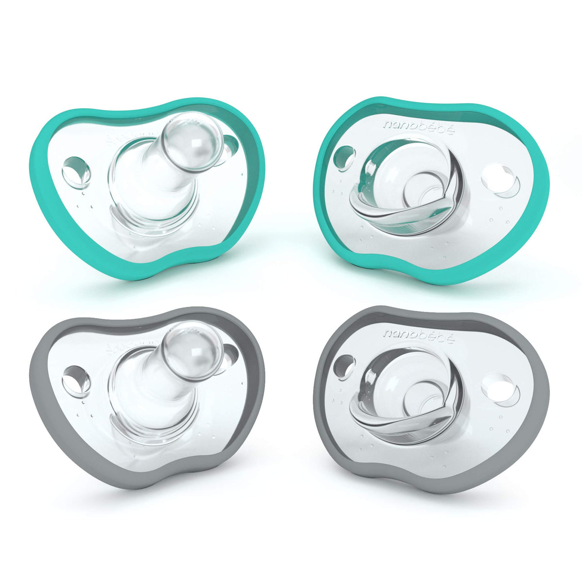 Nanobebe Baby Pacifiers 0-3 Month - Orthodontic, Curves Comfortably with Face Contour, Award Winning for Breastfeeding Babies, 100% Silicone, Baby Registry Gift 4pk,Pink/Grey