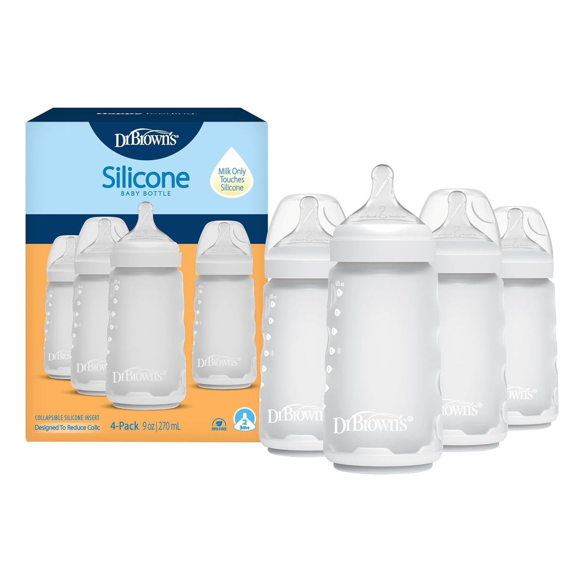 Dr. Brown's Silicone Baby Bottle, 9 oz, Level 2 Nipple, 3m+, White, 4-Pack