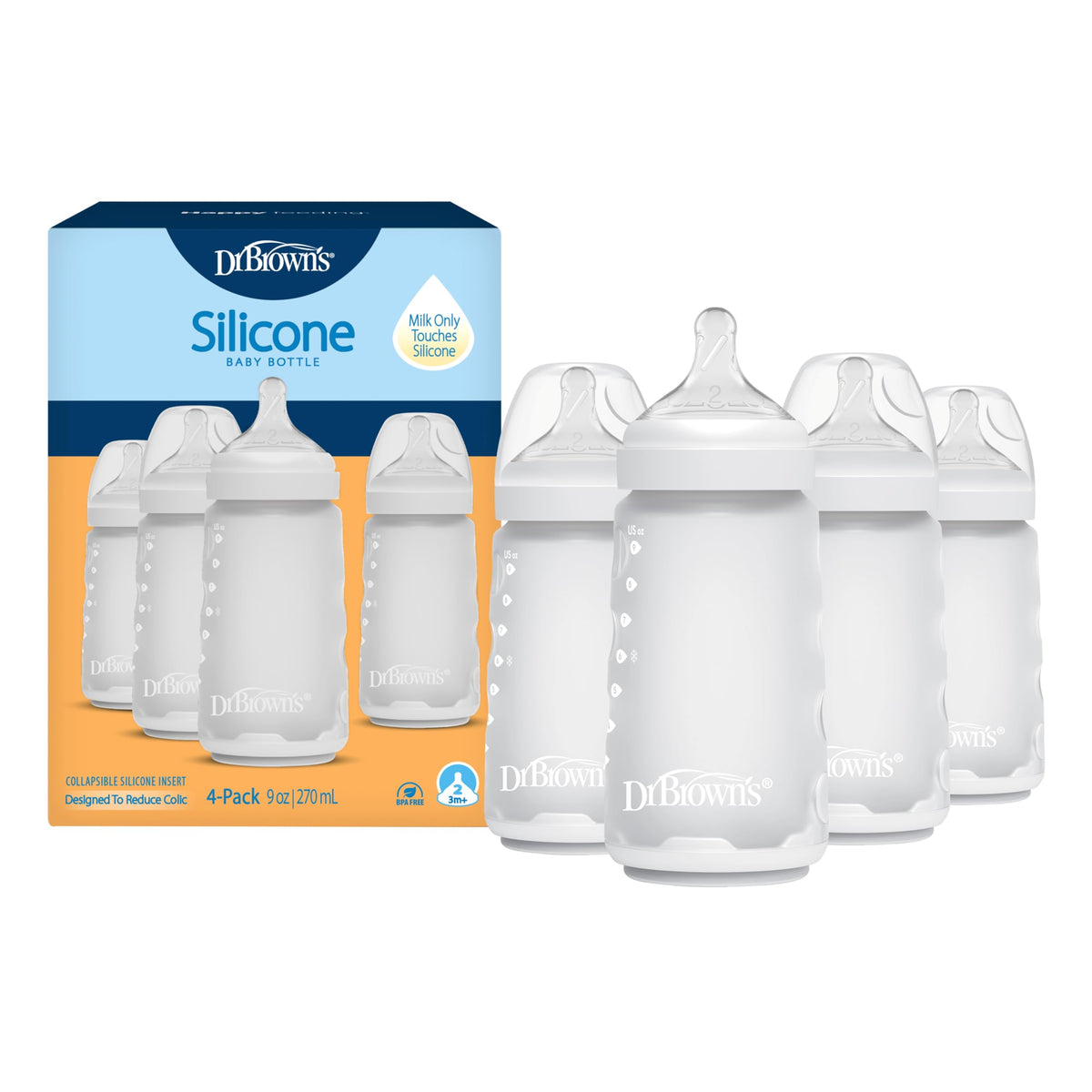 Dr. Brown's Silicone Baby Bottle, 9 oz, Level 2 Nipple, 3m+, White, 4-Pack