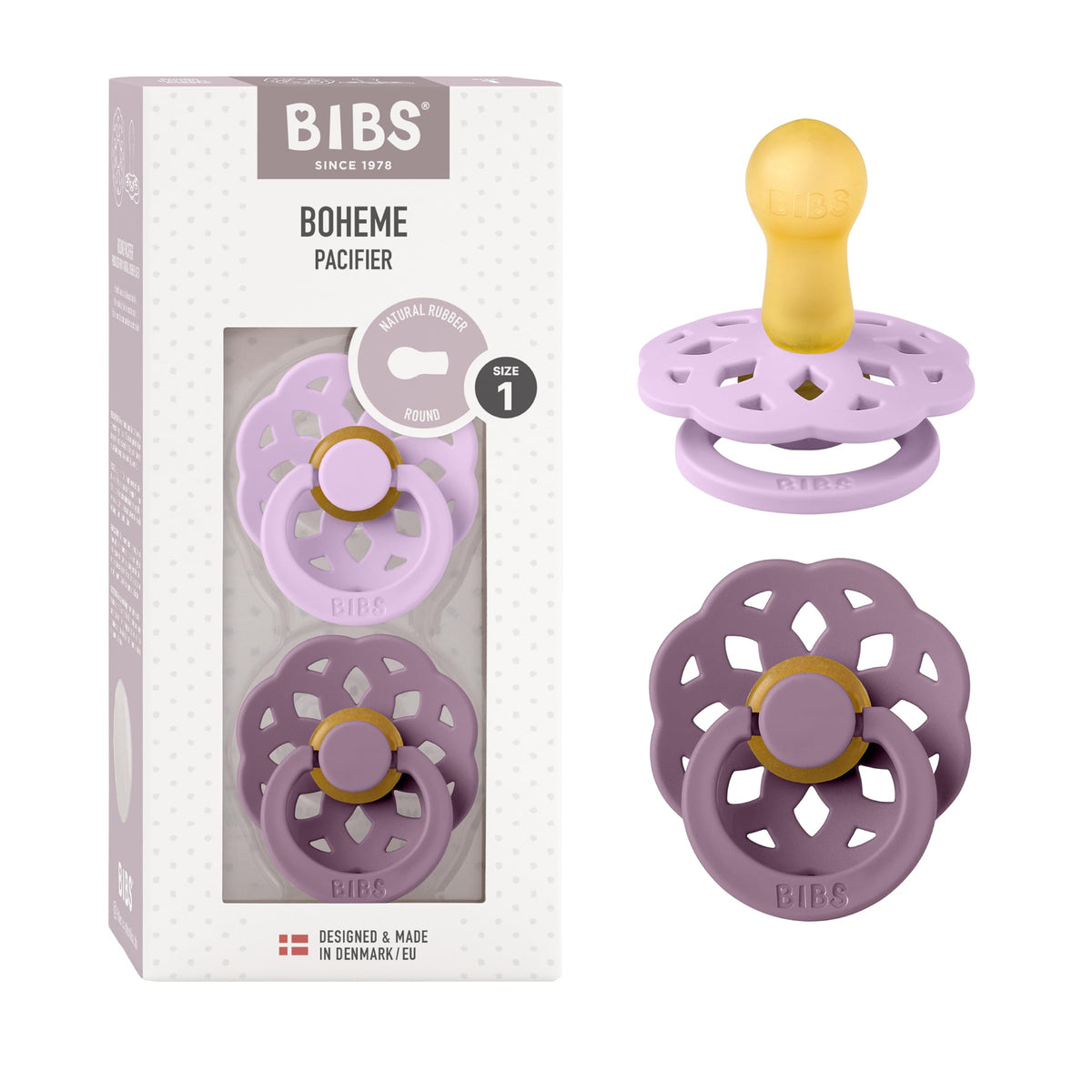 BIBS Pacifiers 6-18 Months | Boheme Collection 2-Pack | BPA-Free Round Nipple | Made in Denmark | Dusty Pink/Elderberry Color Pacifier