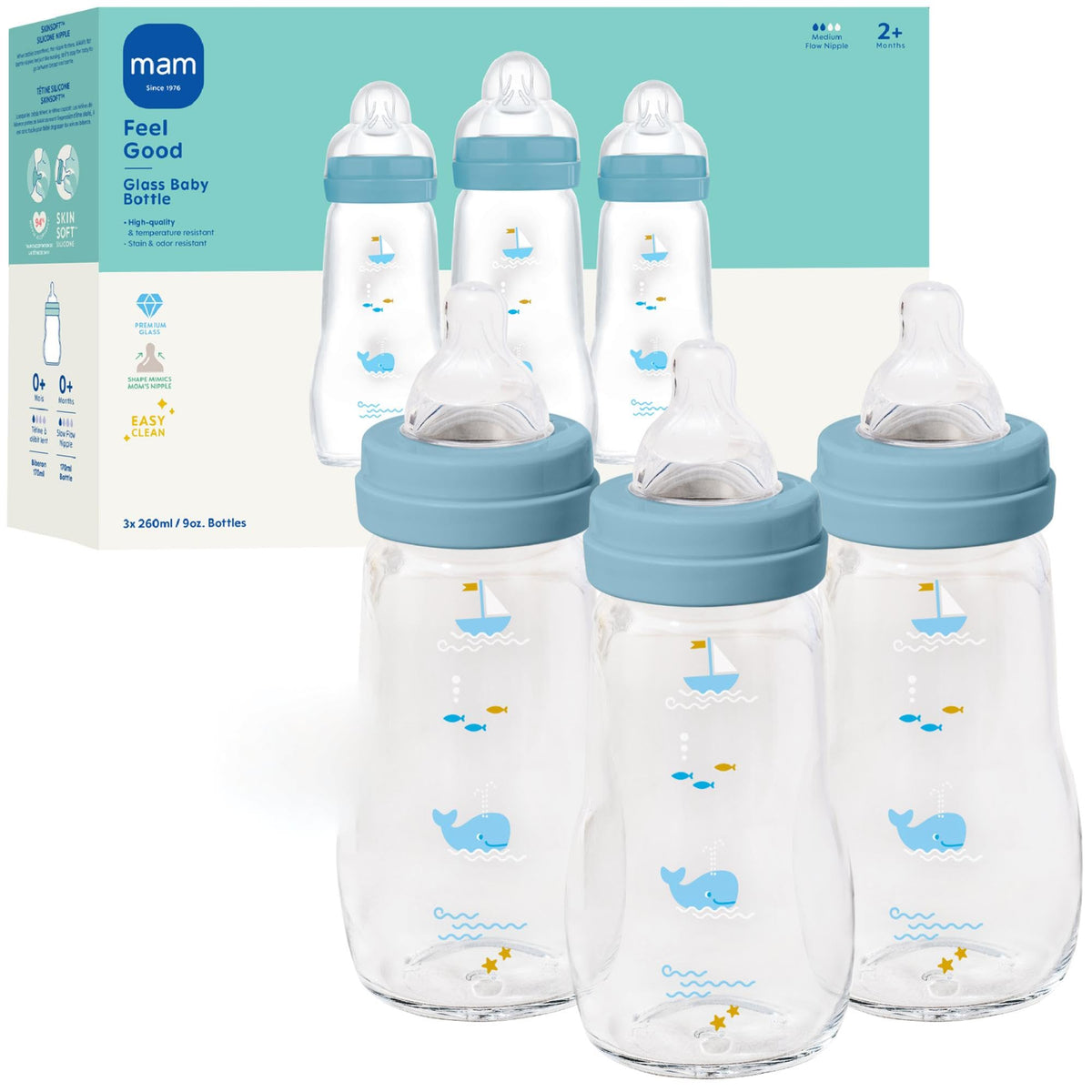 MAM 6oz Pure Glass Feel Good Anti-Colic 0+ Months Baby Bottle, 3 Pack, Boy