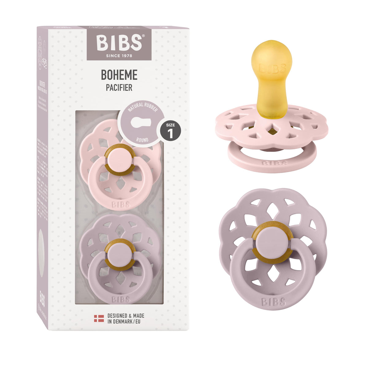 BIBS Pacifiers 6-18 Months | Boheme Collection 2-Pack | BPA-Free Round Nipple | Made in Denmark | Dusty Pink/Elderberry Color Pacifier