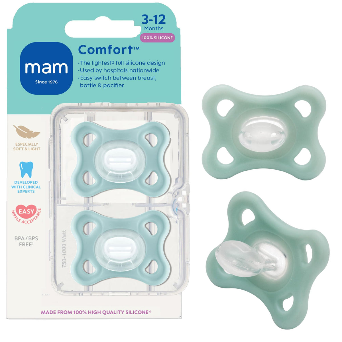 MAM Comfort Baby Pacifier 3-12 Mths Lightweight One-Piece Silicone 4 Pack