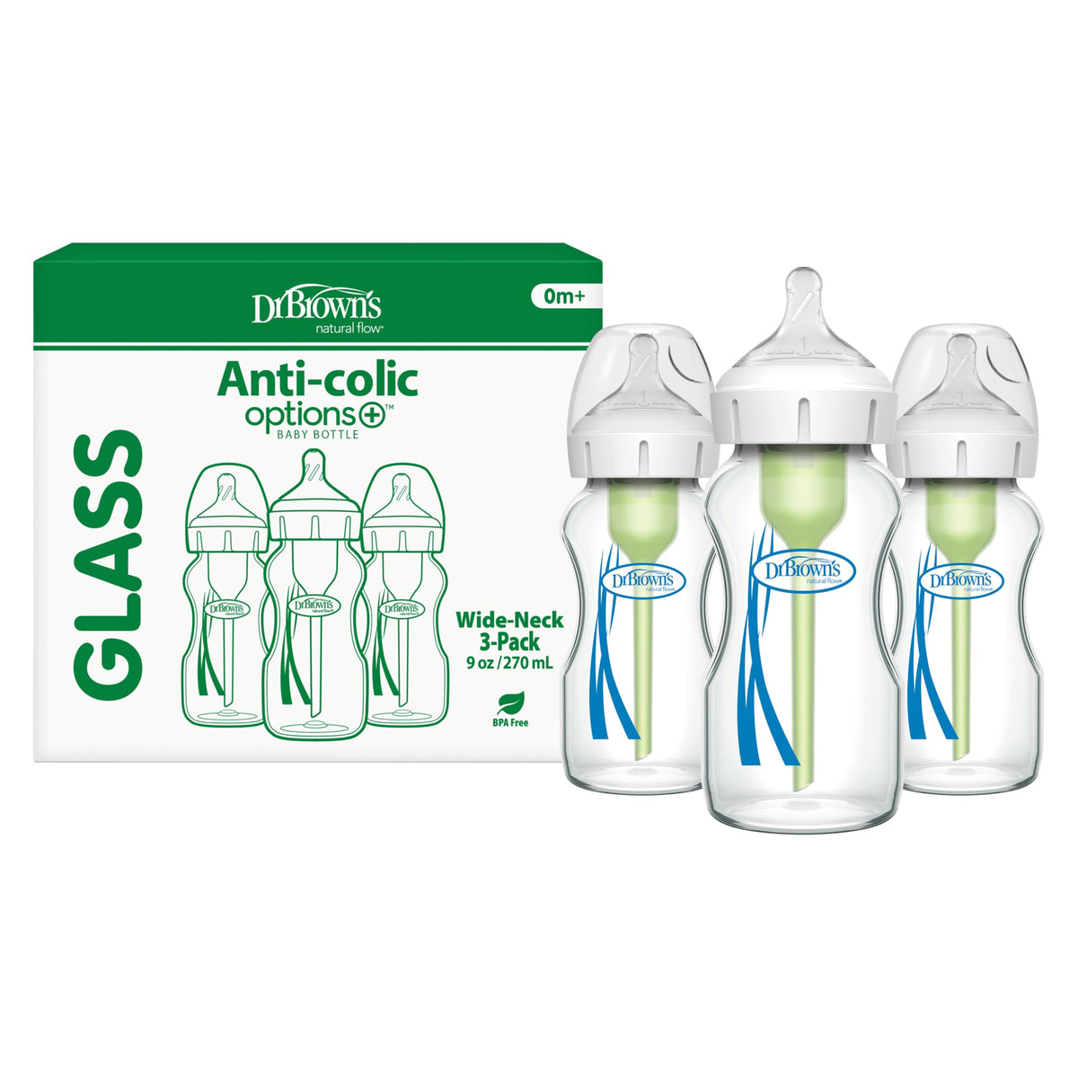 Dr. Brown's Anti-Colic Options+ Wide-Neck Glass Baby Bottle, 5 oz, 3-Pack
