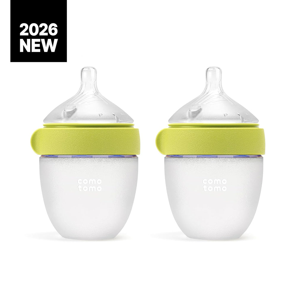 Comotomo Silicone Baby Bottle Gen 2 – 2026 Release (5oz) – True Slow-Flow Nipple for Newborn Feeding (0-3 Months) with Dual Anti Colic Vents for Breast to Bottle Transition, Green (Double Pack)