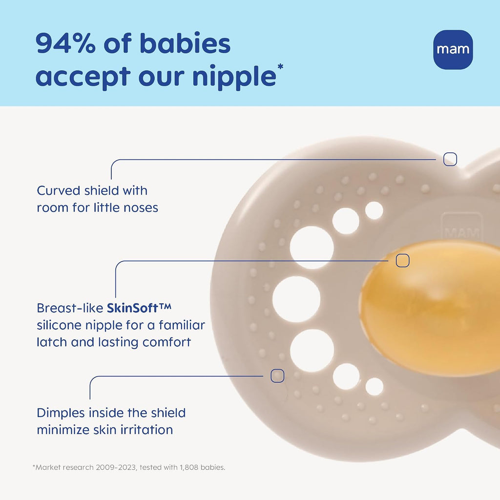 MAM Original Matte Baby Pacifier 6-16 Mths, Natural Latex Nipple, 2 Pk