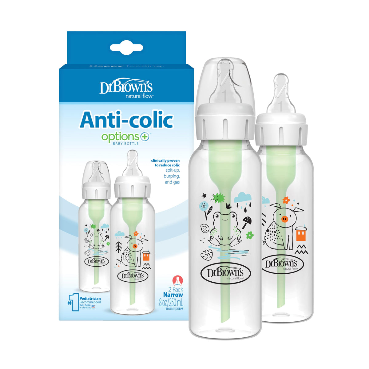 Dr. Brown's Anti-Colic Options+ Narrow Baby Bottle, Goat & Squirrel, 2-Pack
