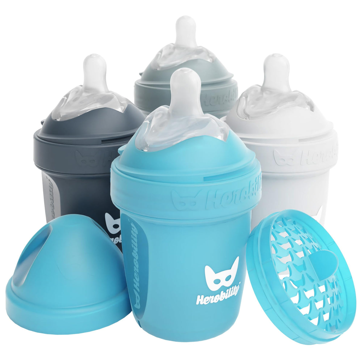 Herobility Anti-Colic Baby Bottles 8.5 fl oz/240ml - Pack of 4 Plastic Baby Bottles, Slow Flow Plastic Bottles, Breast-Shaped Teat for Breastfed Babies – Multicolor – White, Gray, Pink, Hawthorn Rose