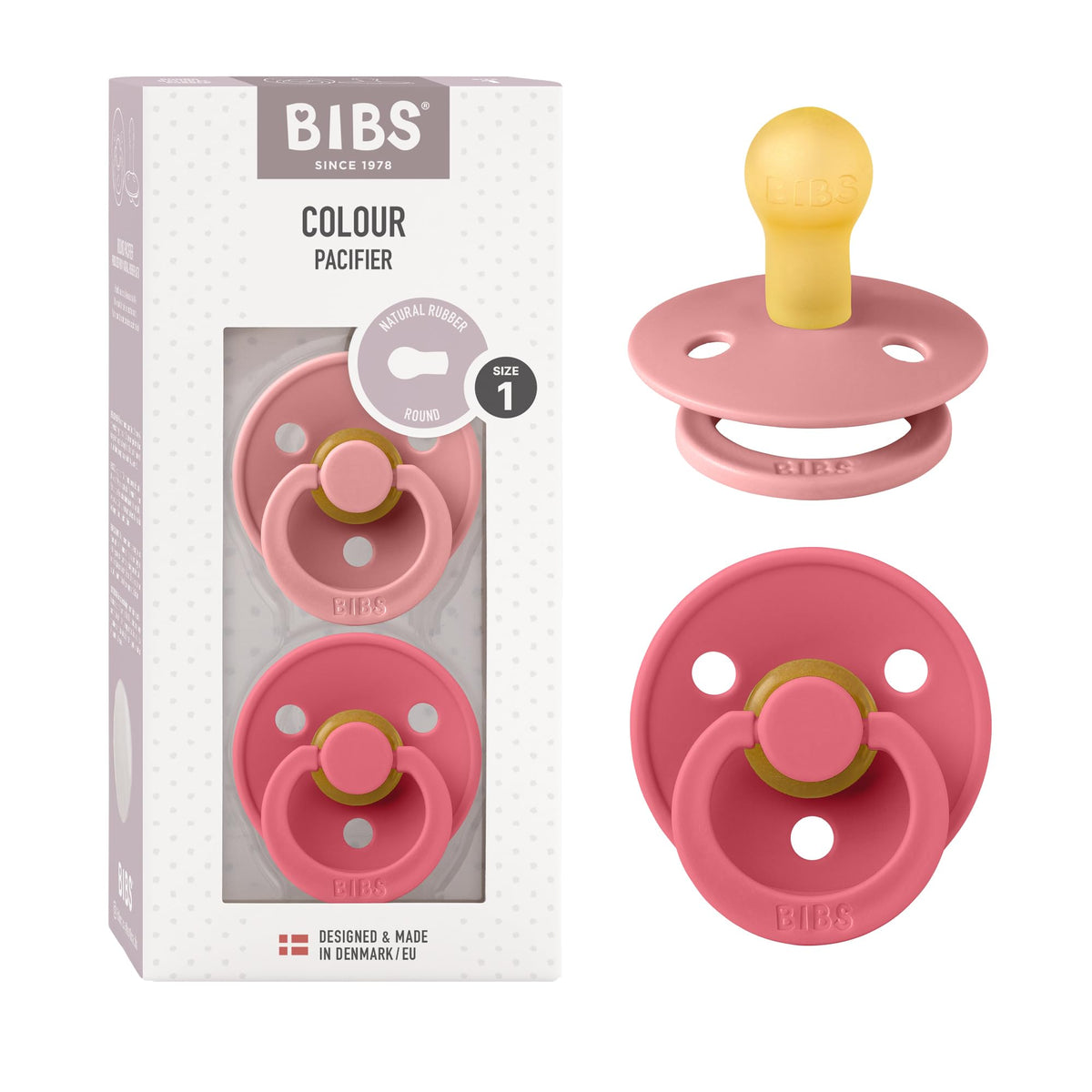BIBS Pacifiers Colour Collection | Natural Rubber Baby Pacifier | Set of 2 BPA-Free Soothers | Made in Denmark | 0+ Months (Pack of 2) | Blush/Ivory