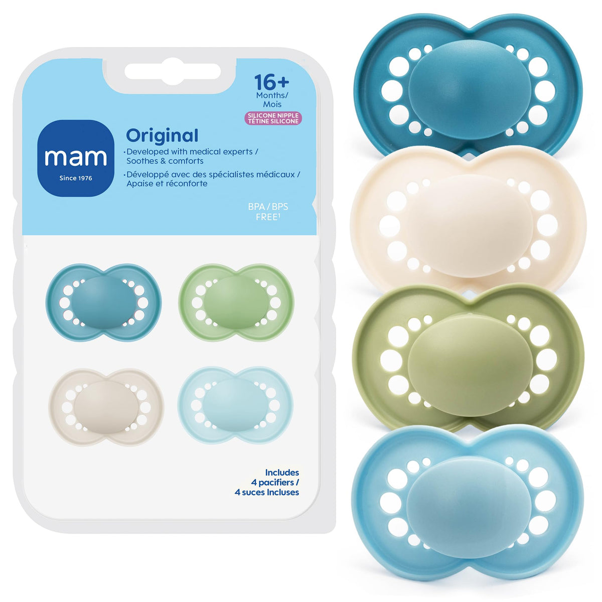 MAM Original Baby Pacifier 16+ Mths, Skin Soft Silicone Nipple, 4 Pack