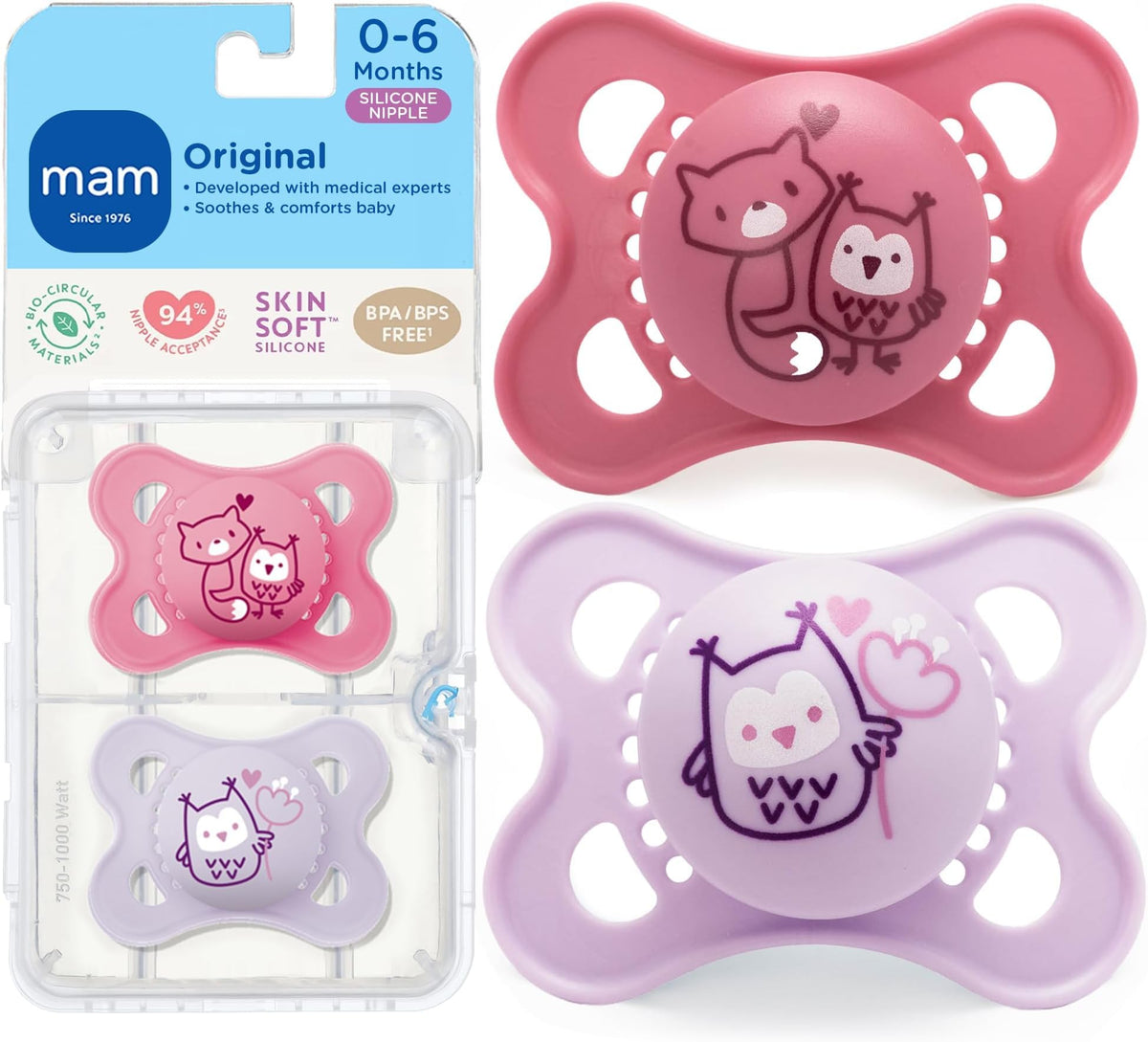 MAM Original Baby Pacifier 0-6 Mths, Skin Soft Silicone Nipple, 4 Pack