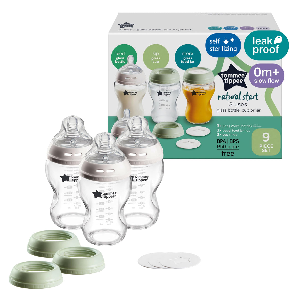 Tommee Tippee Natural Start Glass Baby Bottles, 0m+, 9oz