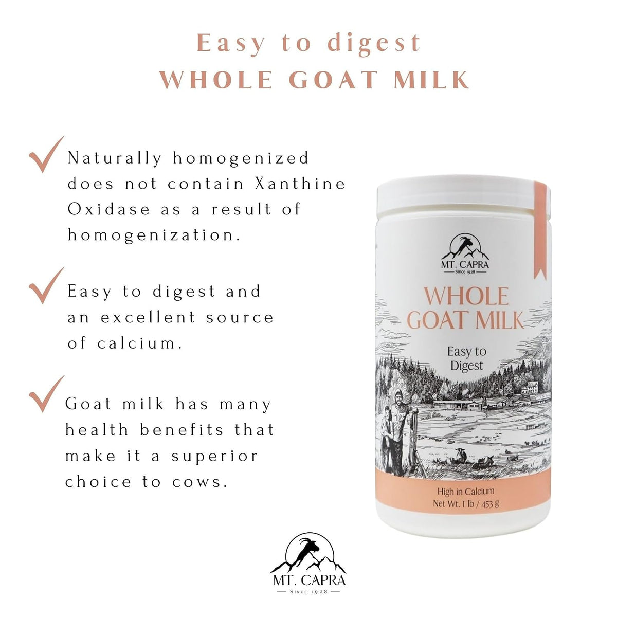 Mt. Capra Whole Goat Milk | from Non-GMO, Grass-Fed Goats, Creamy, Great Tasting, Easy to Digest, A2 Milk | 16 Servings - 1 Pound