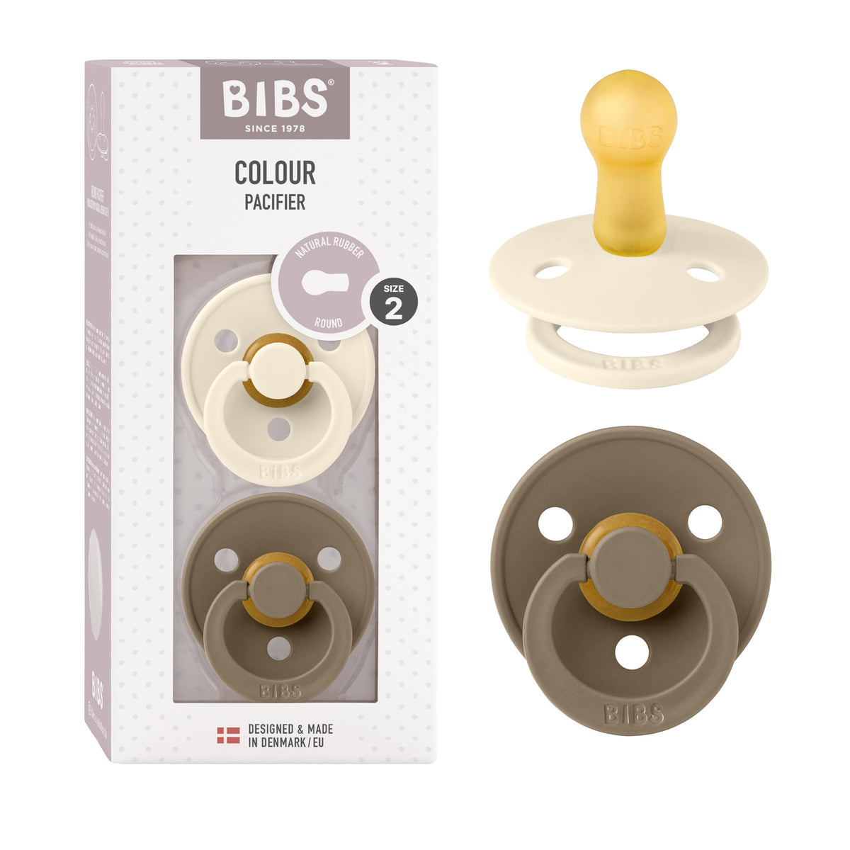 BIBS Pacifiers Colour Collection | Natural Rubber Baby Pacifier | Set of 2 BPA-Free Soothers | Made in Denmark | 0+ Months (Pack of 2) | Blush/Ivory