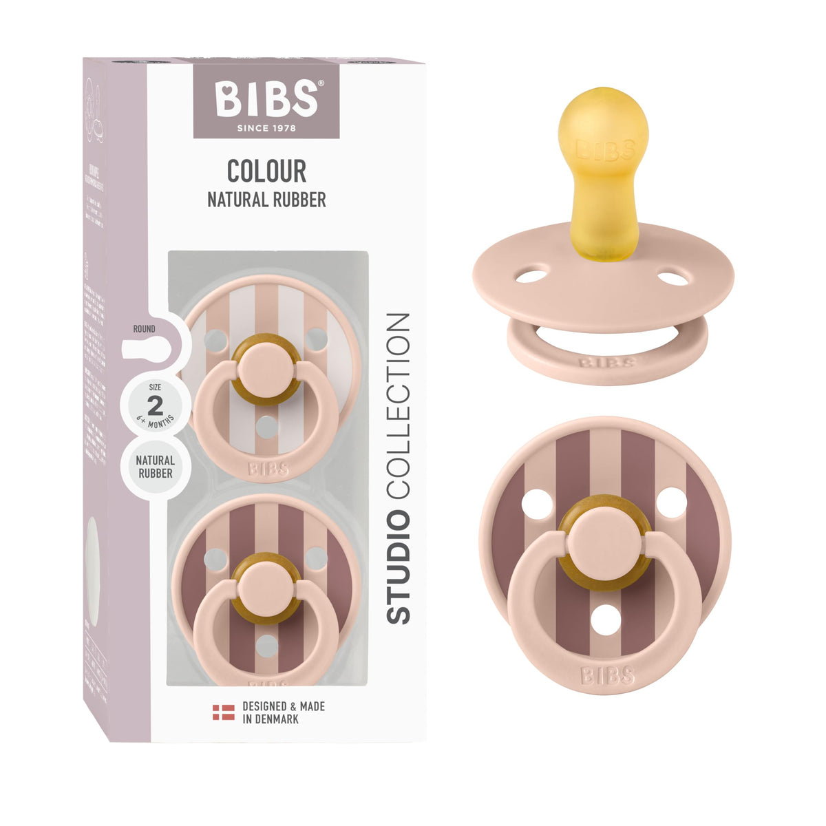 BIBS Colour Pacifier, 6-18 Months, 2-Pack, Round, Block Baby Pink Coral