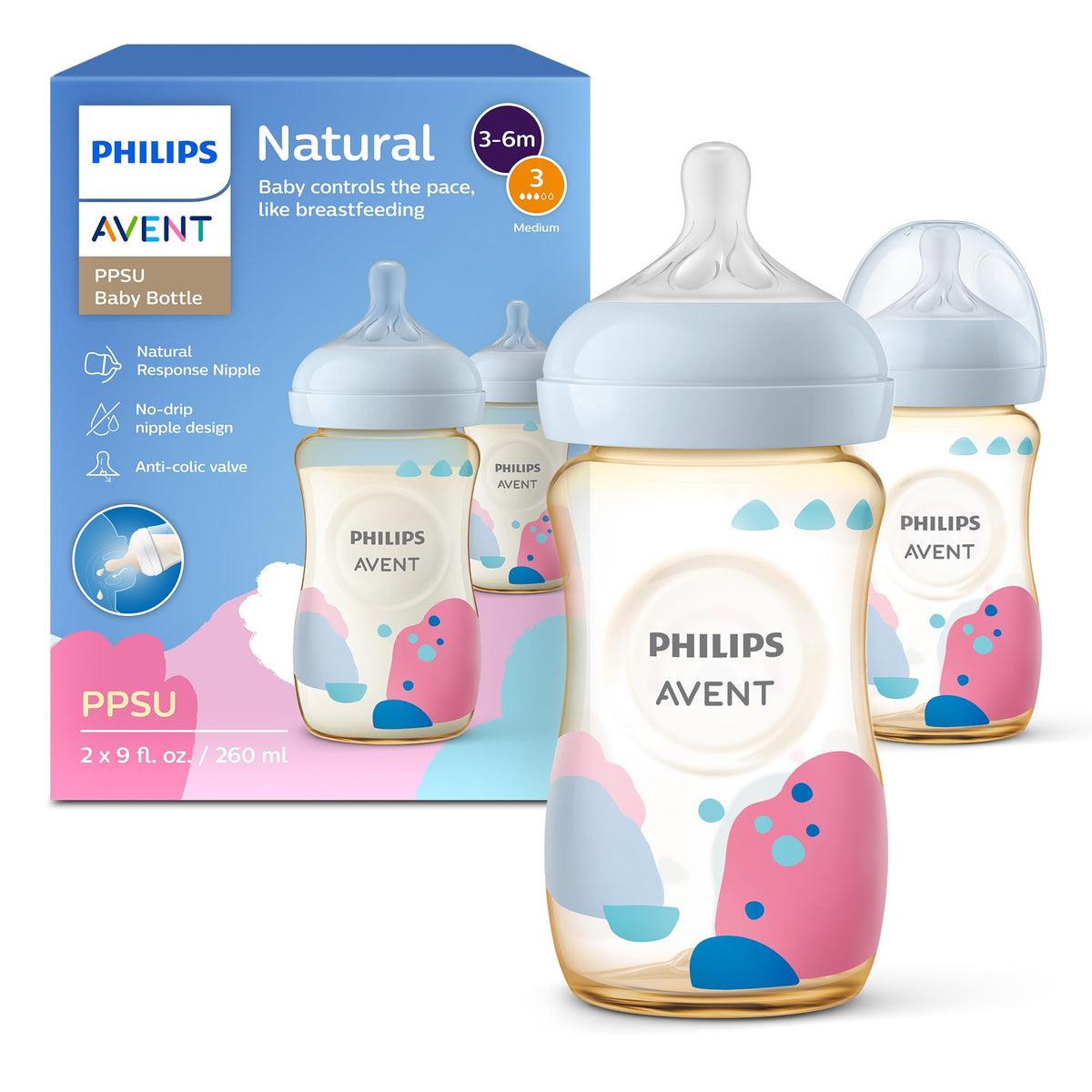 Philips Avent Natural PPSU Baby Bottles, Medium Flow, 9 oz, BPA-Free