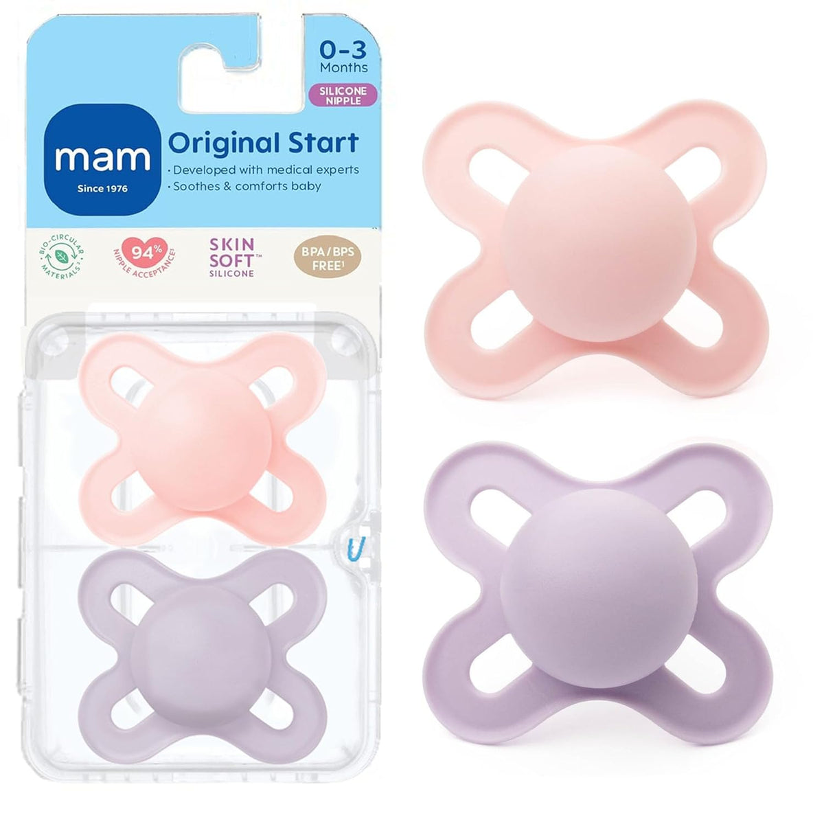 MAM Original Start Baby Pacifiers 0-3 Mths Skin Soft Silicone, 2 Pack