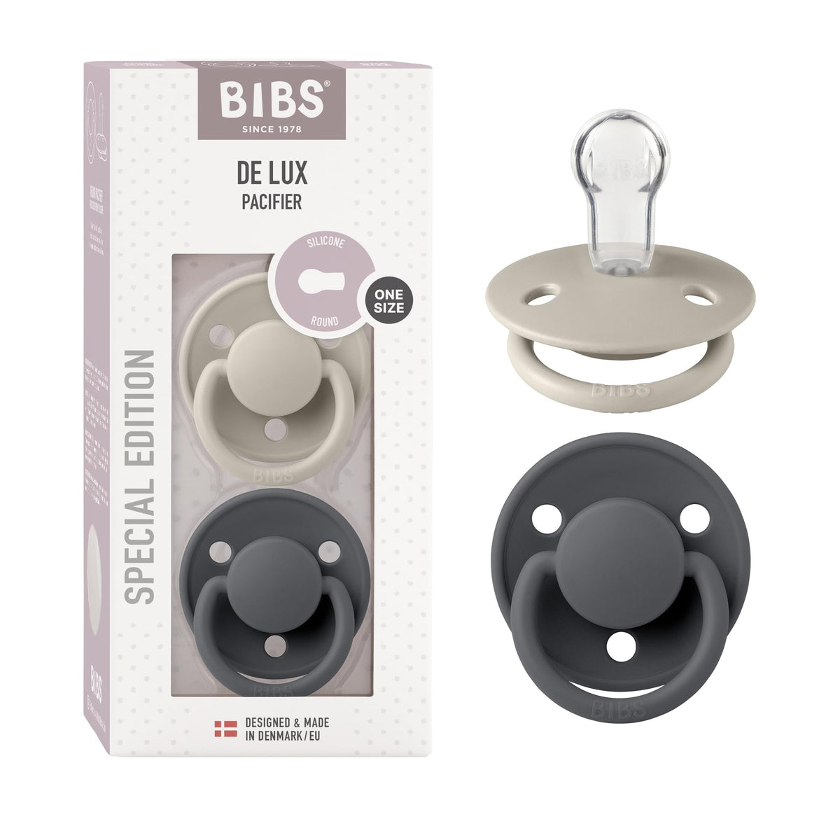 BIBS Pacifiers - De Lux Collection | BPA-Free Round Nipple | Silicone | Made in Denmark | Set of 2 Blush Night/Vanilla Night Color Premium Soothers | Size One Size