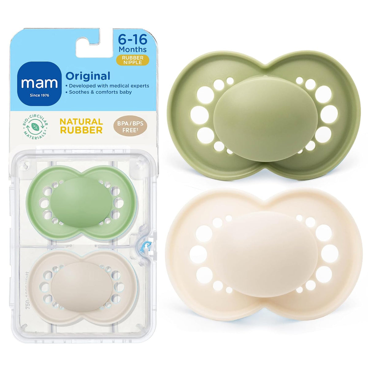 MAM Original Matte Baby Pacifier 6-16 Mths, Natural Latex Nipple, 2 Pk