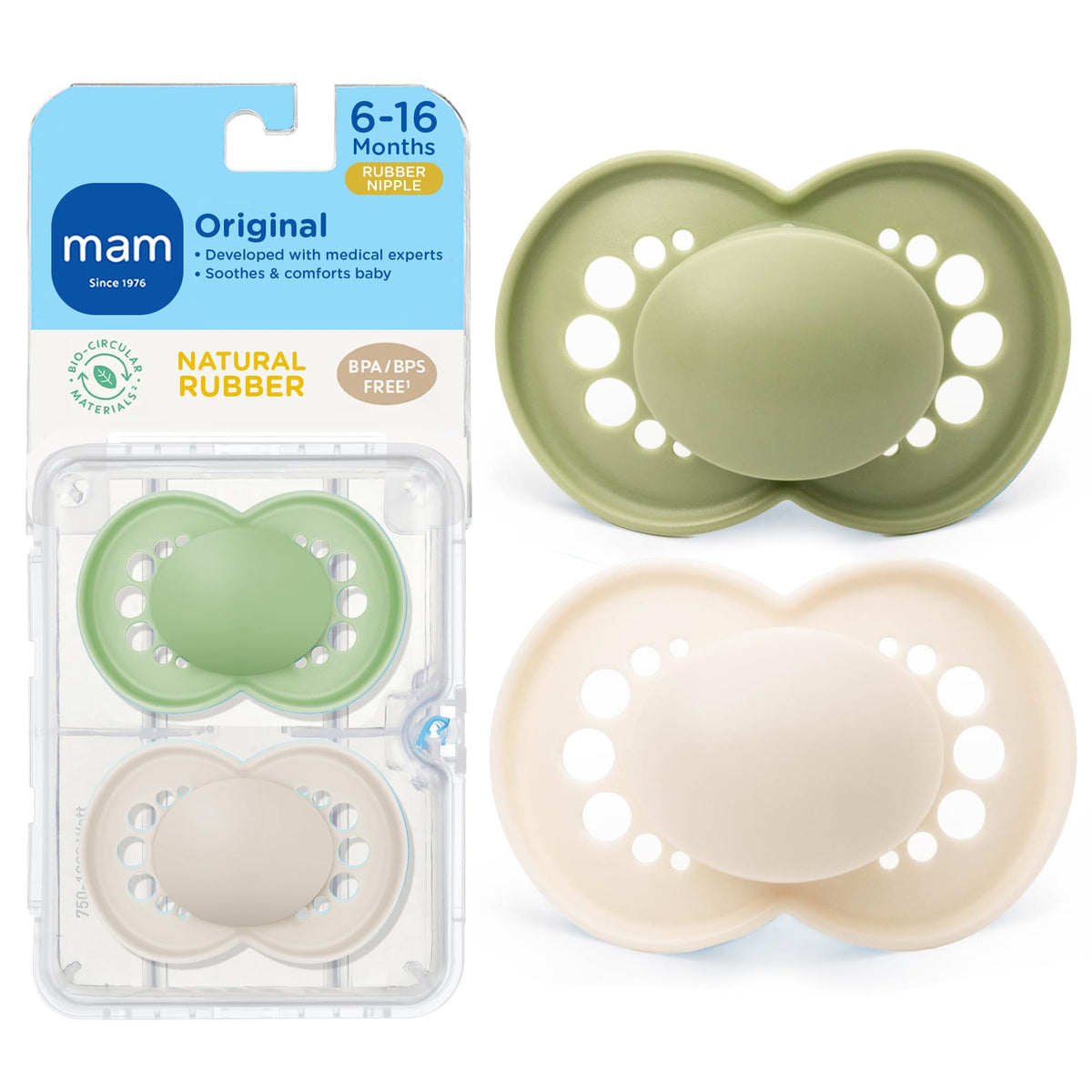 MAM Original Matte Baby Pacifier 6-16 Mths, Natural Latex Nipple, 2 Pk