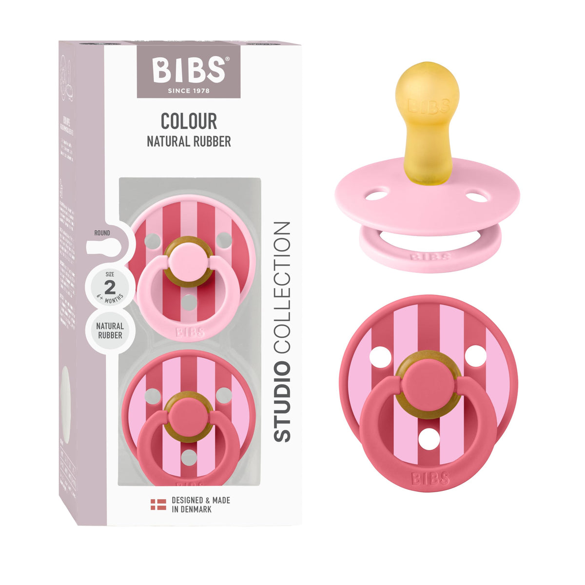BIBS Colour Pacifier, 6-18 Months, 2-Pack, Round, Block Baby Pink Coral