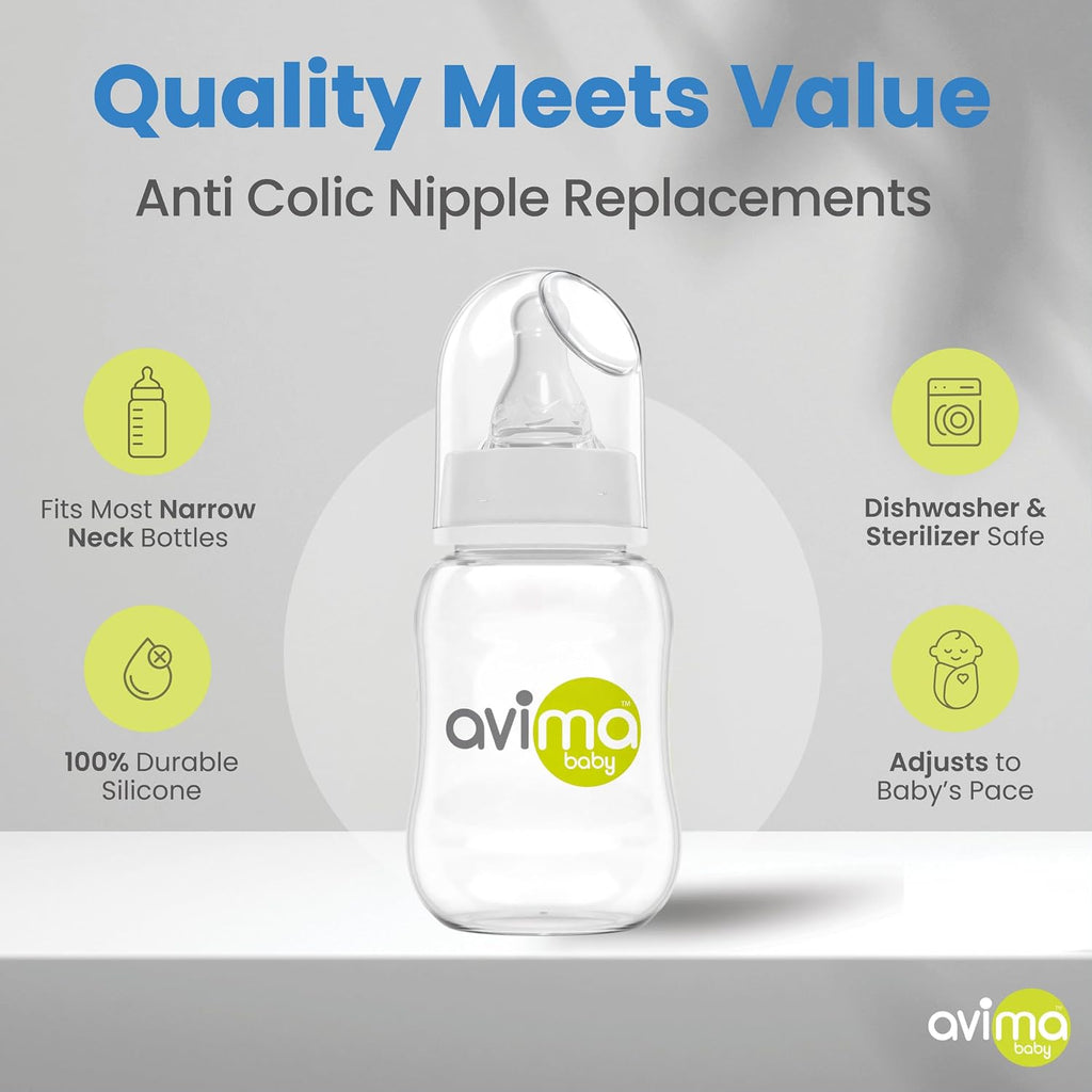 Avima 4 oz Anti Colic Baby Bottles w Slow Flow Nipples. 0-3M (Set of 6)