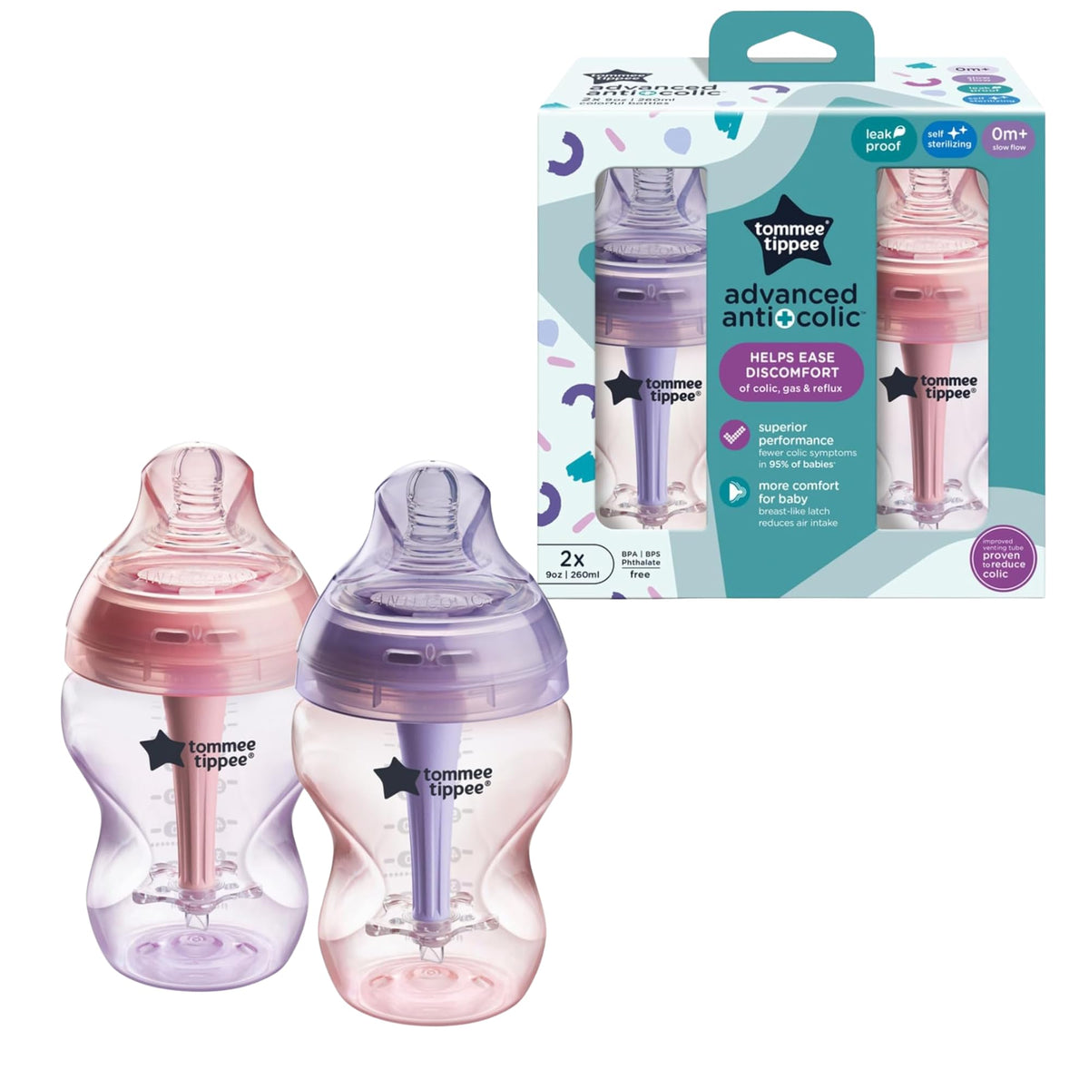 Tommee Tippee Advanced Anti-Colic Baby Bottles, Newborn 0m+, 9oz