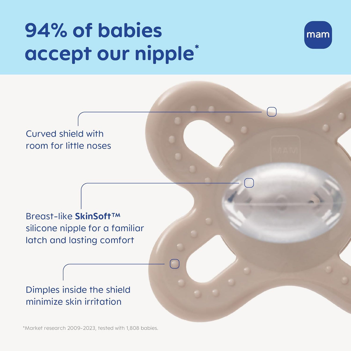 MAM Original Start Baby Pacifiers 0-3 Mths Skin Soft Silicone, 2 Pack