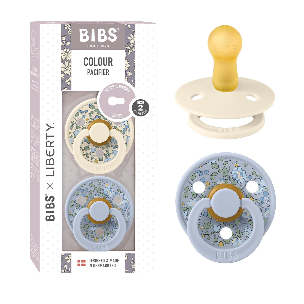 BIBS x Liberty Colour Pacifier, 0-6 Months, 2-Pack, Round, Capel Dusty Blue