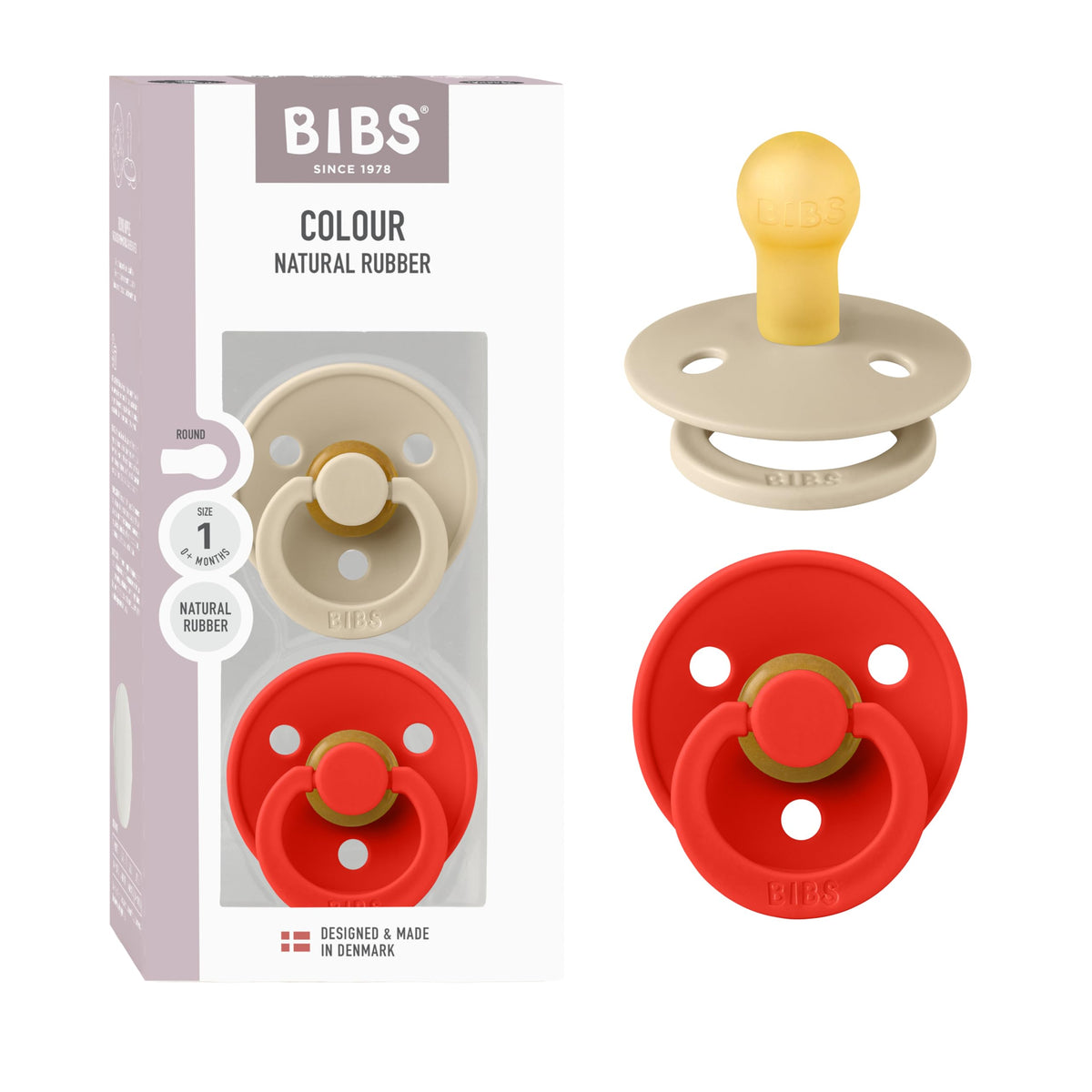 BIBS Pacifiers Colour Collection | Natural Rubber Baby Pacifier | Set of 2 BPA-Free Soothers | Made in Denmark | 0+ Months (Pack of 2) | Blush/Ivory