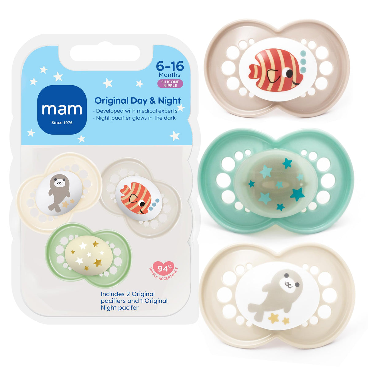 MAM Original Baby Pacifiers 6-16 Months, Glows in The Dark, 2 Pack
