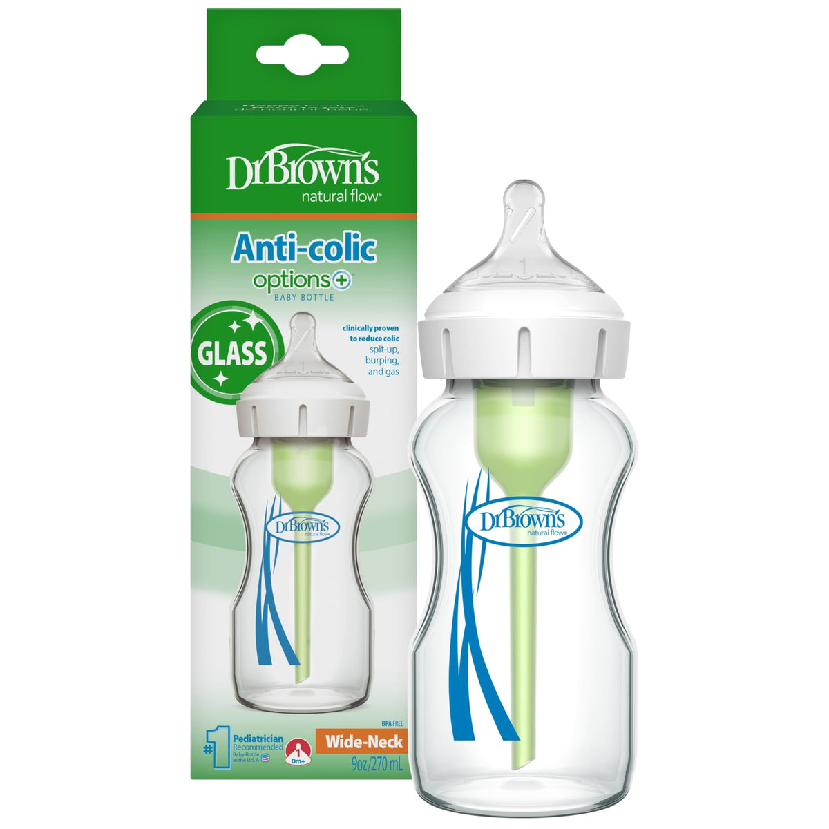 Dr. Brown's Anti-Colic Options+ Wide-Neck Glass Baby Bottle, 5 oz, 3-Pack