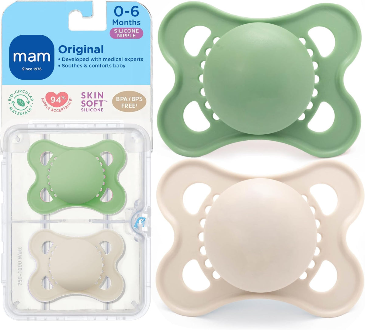 MAM Original Baby Pacifier 0-6 Mths, Skin Soft Silicone Nipple, 4 Pack