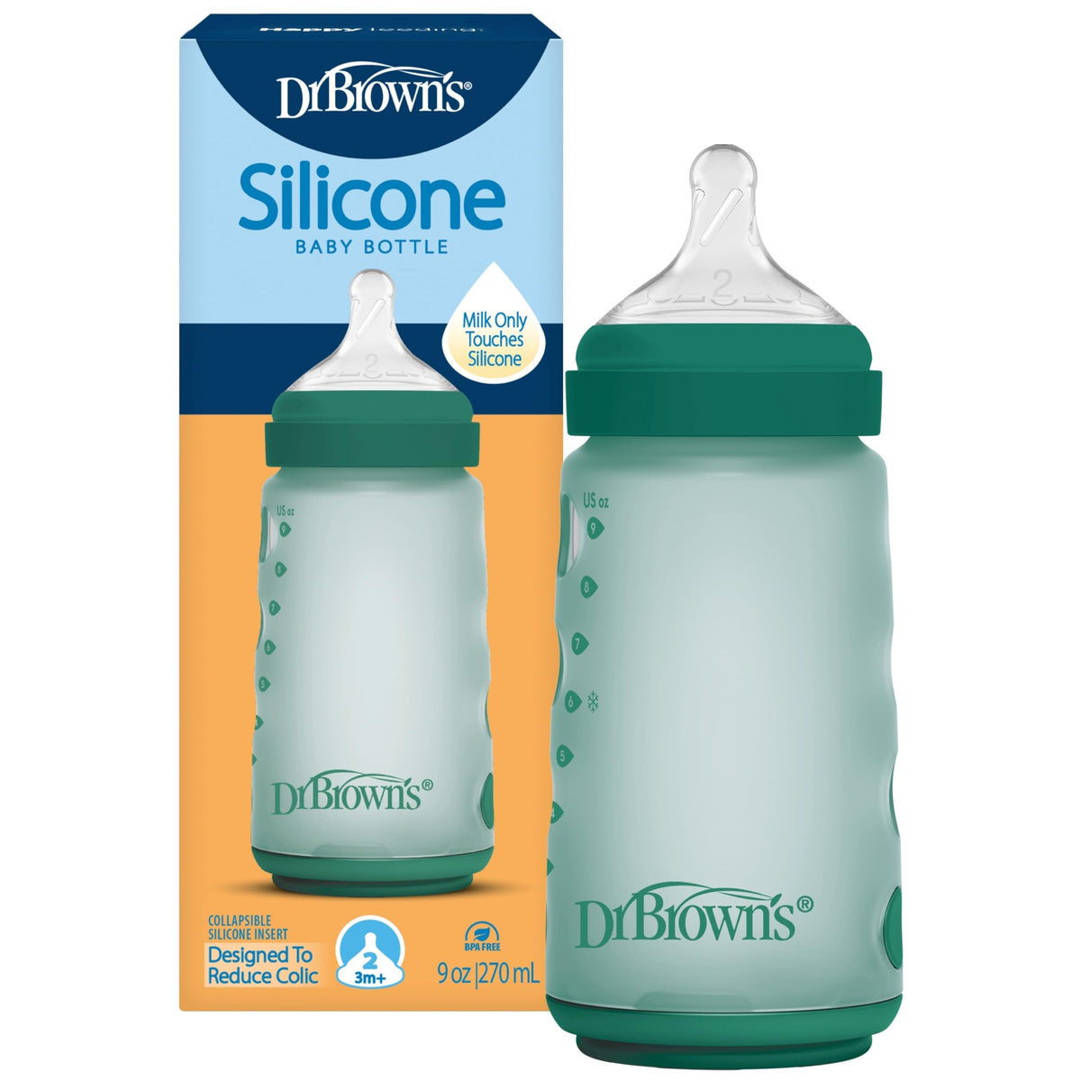 Dr. Brown's Silicone Baby Bottle, 9 oz, Level 2 Nipple, 3m+, White, 4-Pack