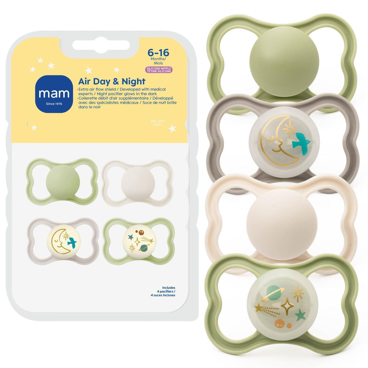 MAM Air Pacifier 6-16 Months, Extra Air Flow for Sensitive Skin, 4 Pack
