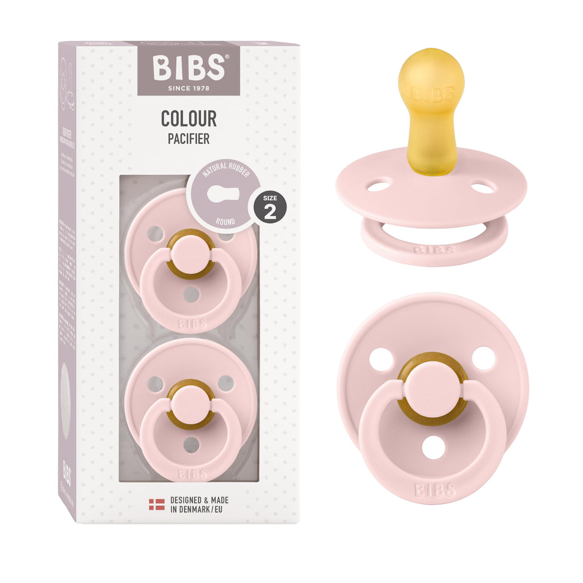BIBS Pacifiers Colour Collection | Natural Rubber Baby Pacifier | Set of 2 BPA-Free Soothers | Made in Denmark | 0+ Months (Pack of 2) | Blush/Ivory
