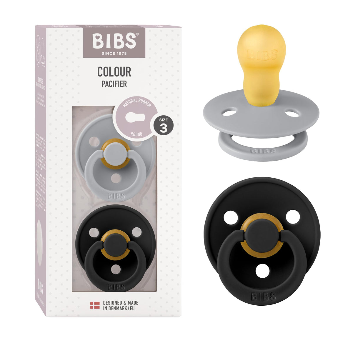 BIBS Pacifiers Colour Collection | Natural Rubber Baby Pacifier | Round Nipple | Set of 2 BPA-Free Soothers | Made in Denmark | 0+ Months (Pack of 2) | Sage/Ivory