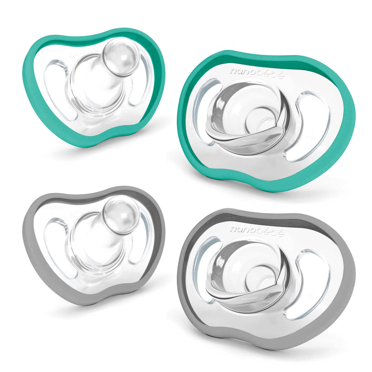Nanobebe Baby Pacifiers 0-3 Month - Orthodontic, Curves Comfortably with Face Contour, Award Winning for Breastfeeding Babies, 100% Silicone, Baby Registry Gift 4pk,Pink/Grey