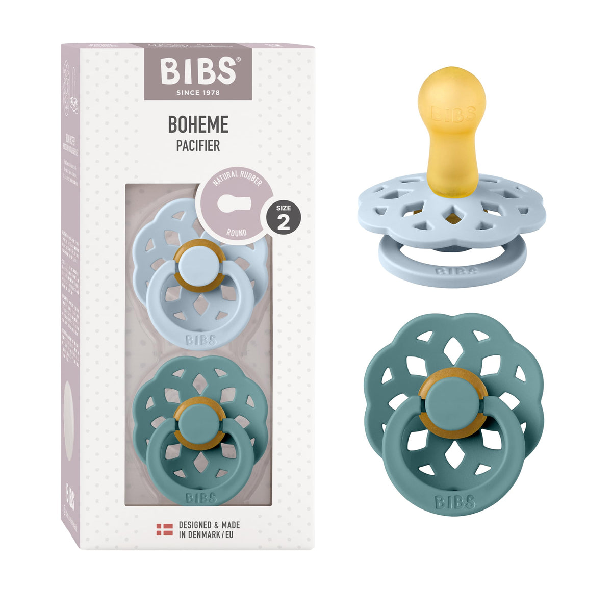 BIBS Pacifiers 6-18 Months | Boheme Collection 2-Pack | BPA-Free Round Nipple | Made in Denmark | Dusty Pink/Elderberry Color Pacifier