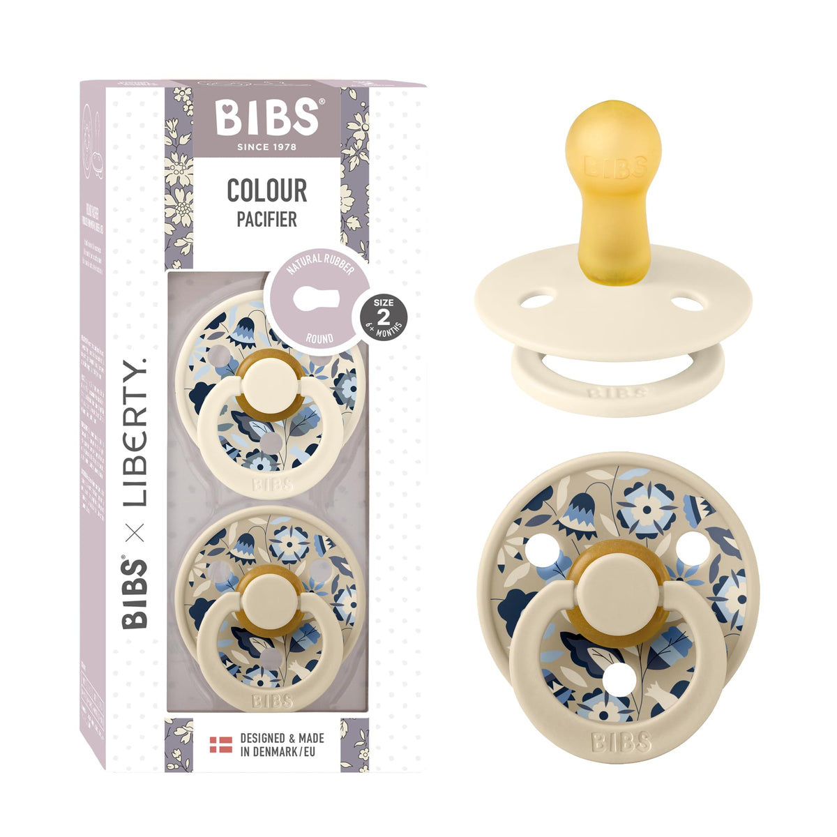 BIBS x Liberty Colour Pacifier, 0-6 Months, 2-Pack, Round, Capel Dusty Blue