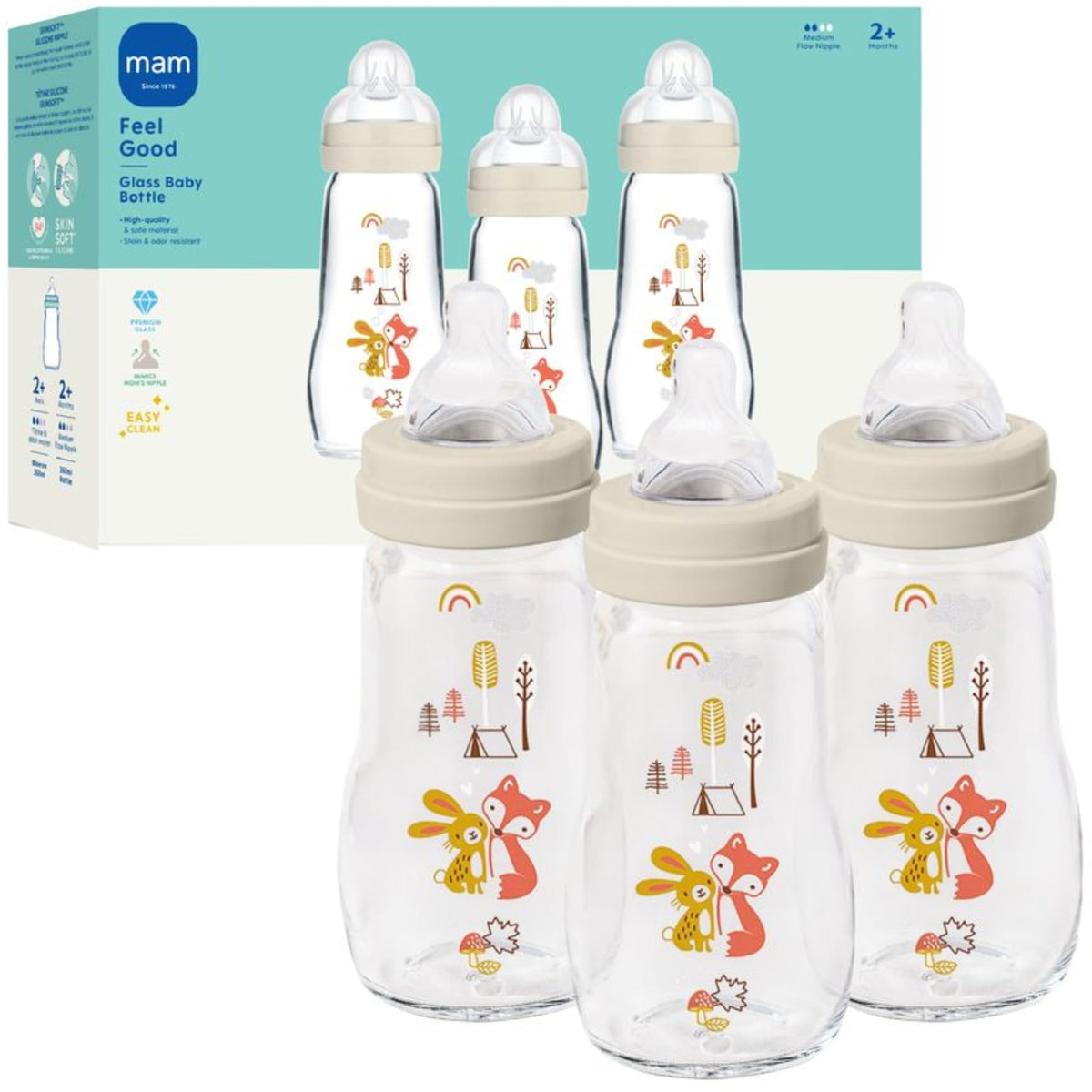 MAM 6oz Pure Glass Feel Good Anti-Colic 0+ Months Baby Bottle, 3 Pack, Boy