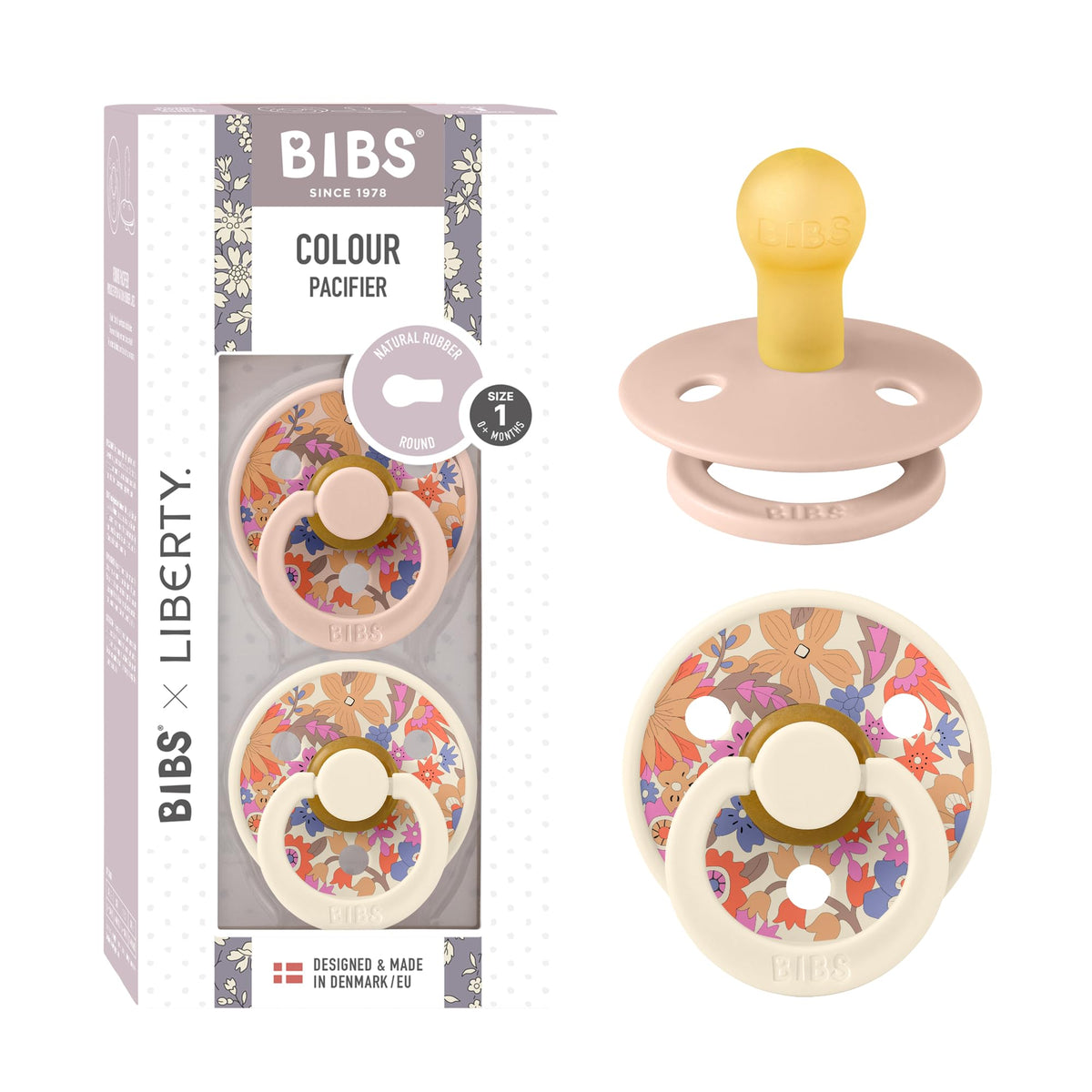 BIBS x Liberty Colour Pacifier, 0-6 Months, 2-Pack, Round, Capel Dusty Blue